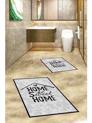 Mikasso Baskılı Yıkanabilir Kaymaz Home Sweet Yazılı Ikili Banyo Halısı Paspas Klozet Takımı Polyester Gri