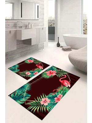 Mikasso Dijital Baskılı Yıkanabilir Renkli Flamingo Desenli Banyo Paspası Klozet Takımı Polyester Bordo