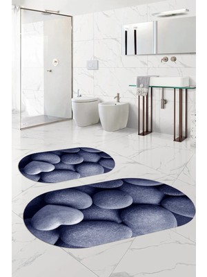 Mikasso Dijital Baskılı Yıkanabilir Kaymaz Taban Taş Modelli Oval Banyo Paspası Klozet Takımı Polyester Laci