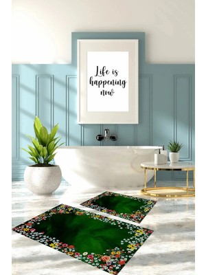 Mikasso Dijital Baskılı Yıkanabilir Renkli Çiçek Desenli Banyo Paspası Klozet Takımı Polyester Yeşil