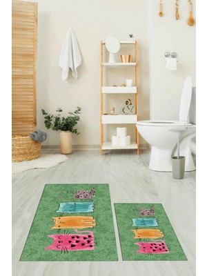 Mikasso Baskılı Yıkanabilir Kaymaz Renkli Kediler Desenli Ikili Banyo Halısı Klozet Takımı Polyester Yeşil