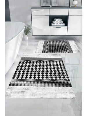 Mikasso Dijital Baskılı Yıkanabilir Kaymaz Taban Sade Modern Banyo Paspası Klozet Takımı Polyester Gri