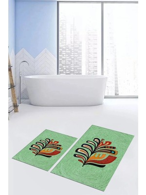 Mikasso Baskılı Yıkanabilir Kaymaz Renkli Yaprak Desen Ikili Banyo Halısı Klozet Takımı Polyester Yeşil