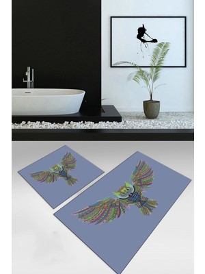 Mikasso Dijital Baskılı Kaymaz Yıkanabilir Kuş Desen Ikili Banyo Takımı Klozet Takımı, N-Klozet-37-Mavi, Pol