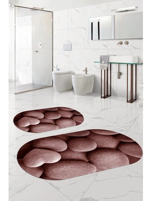 Mikasso Dijital Baskılı Yıkanabilir Kaymaz Taban Taş Modelli Oval Banyo Paspası Klozet Takımı Polyester Bord