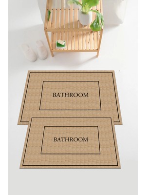 Mikasso Dijital Baskılı Yıkanabilir ve Kaymaz Tabanlı Çerçeveli Bathroom Yazılı Banyo Paspası Klozet Takımı