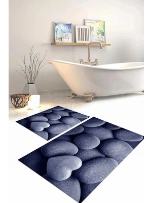 Mikasso Dijital Baskılı Yıkanabilir Kaymaz Taban Taş Modelli Banyo Paspası Klozet Takımı Polyester Lacivert