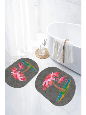 Mikasso Dijital Kaymaz Taban Yıkanabilir Palmiye Ağaç Desenli Oval Banyo Paspası Klozet Takımı Polyester Çok