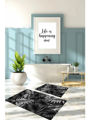 Mikasso Dijital Baskılı Yıkanabilir Modern Yaprak Desenli Banyo Paspası Klozet Takımı Polyester Gri