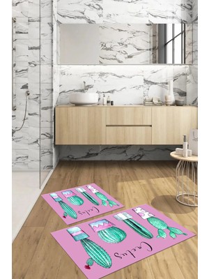 Mikasso Dijital Baskılı Yıkanabilir Kaymaz Taban Kaktüs Model Banyo Paspası Klozet Takımı Polyester Pembe