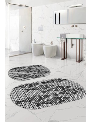 Mikasso Dijital Yıkanabilir Kaymaz Taban Balık Modelli Oval Banyo Paspası Klozet Takımı Polyester Gri
