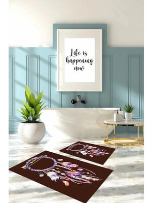 Mikasso Dijital Baskılı Yıkanabilir Kaymaz Taban Kuş Tüyü Desenli Banyo Paspası Klozet Takımı Polyester Kahv