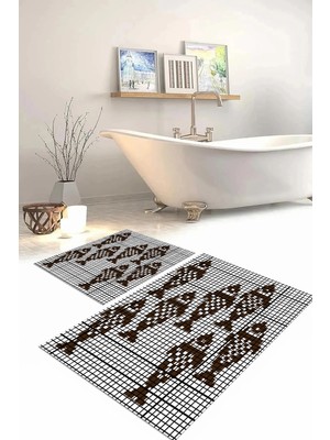 Mikasso Dijital Baskılı Yıkanabilir Kaymaz Taban Balık Modelli Banyo Paspası Klozet Takımı Polyester Kahvere