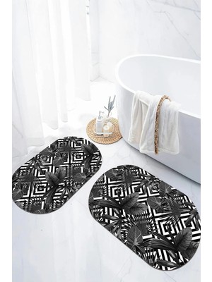 Mikasso Dijital Kaymaz Taban Yıkanabilir Palmiye Yapraklı Desenli Oval Banyo Paspası Klozet Takımı Polyester