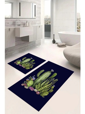 Mikasso Dijital Baskılı Yıkanabilir Kaymaz Taban Kaktüs Desenli Banyo Paspası Klozet Takımı Polyester Lacive