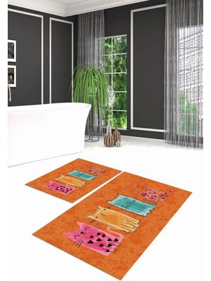 Mikasso Dijital Baskılı Kaymaz Yıkanabilir Kedi Desen Ikili Banyo Takımı Klozet Takımı, N-Klozet-41-Turuncu,
