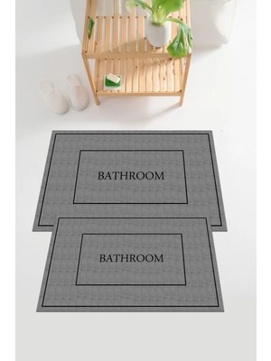 Mikasso Dijital Baskılı Yıkanabilir ve Kaymaz Tabanlı Çerçeveli Bathroom Yazılı Banyo Paspası Klozet Takımı