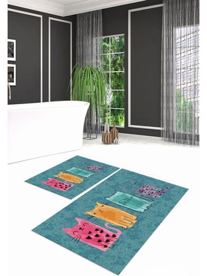 Mikasso Dijital Baskılı Kaymaz Yıkanabilir Kedi Desen Ikili Banyo Takımı Klozet Takımı, N-Klozet-41-Mavi, Po