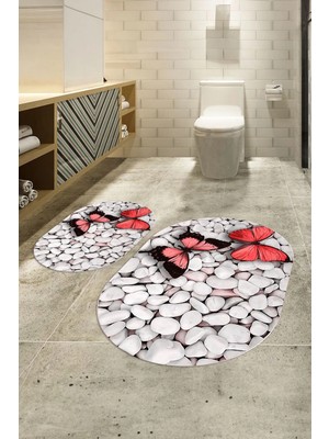Mikasso 3D Dijital Baskılı Kaymaz Taban Yıkanabilir Oval Banyo Takımı Klozet Takımı, N-O-Klozet-45-Kırmızı,