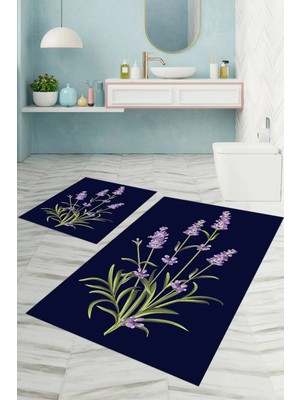 Mikasso Dijital Baskılı Yıkanabilir Sade Çiçek Desenli Banyo Paspası Klozet Takımı Polyester Lacivert