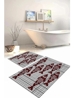 Mikasso Dijital Baskılı Yıkanabilir Kaymaz Taban Balık Modelli Banyo Paspası Klozet Takımı Polyester Bordo