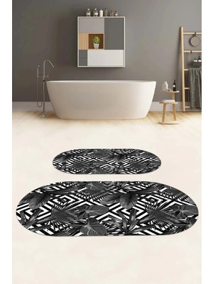 Mikasso Dijital Baskılı Yıkanabilir Klasik Çiçek Desenli Oval Banyo Paspası Klozet Takımı Polyester Gri