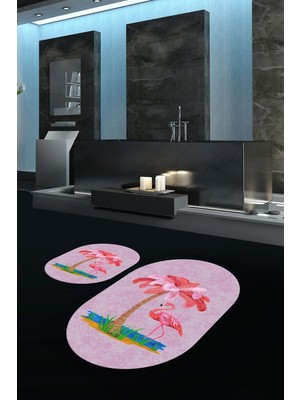 Mikasso Dijital Baskılı Kaymaz Taban Yıkanabilir Oval Banyo Takımı Klozet Takımı Polyester Pembe