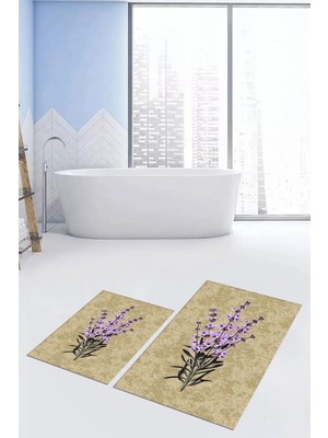 Mikasso Baskılı Yıkanabilir Kaymaz Modern Çiçekli Ikili Banyo Halısı Paspas Klozet Takımı Polyester Kahveren