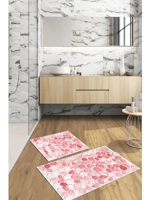 Mikasso Dijital Baskılı 3D Kaymaz Yıkanabilir Banyo Paspası 2'li Klozet Takımı Halısı Polyester Kırmızı