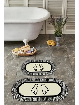 Mikasso Dijital Yıkanabilir Çerçeveli Ayak Baskılı Oval Banyo Paspası Klozet Takımı Polyester Bej