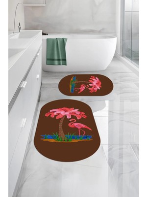 Mikasso Dijital Yıkanabilir Sade Flamingo Desenli Oval Banyo Paspası Klozet Takımı Polyester Kahverengi