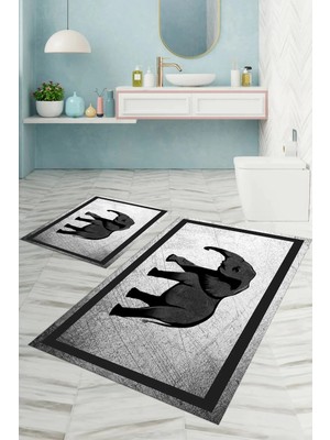 Mikasso Dijital Baskılı Yıkanabilir Kaymaz Taban Fil Figürlü Banyo Paspası Klozet Takımı Polyester Gri