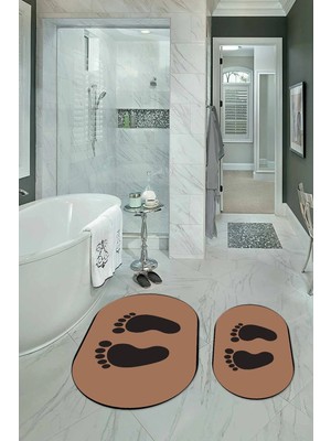 Mikasso Dijital Baskılı Kaymaz Yıkanabilir Ayak Desen Oval Banyo Takımı Klozet Takımı Polyester Kahverengi