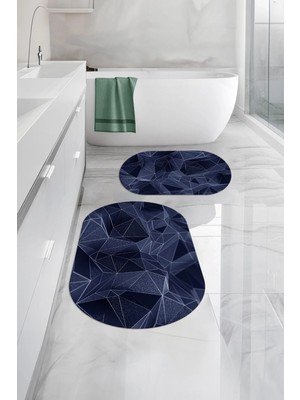 Mikasso Dijital Baskılı Yıkanabilir Geometrik Desenli Oval Banyo Paspası Klozet Takımı Polyester Lacivert