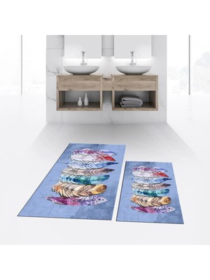 Mikasso Dijital Baskılı Kaymaz Taban Yıkanabilir Ikili Banyo Paspas Klozet Takımı, V-Klozet-25-Mavi, Polyest