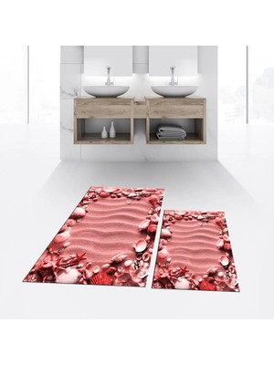 Mikasso Dijital Baskılı Kaymaz Taban Yıkanabilir Ikili Banyo Paspas Klozet Takımı, V-Klozet-47-Kırmızı, Poly