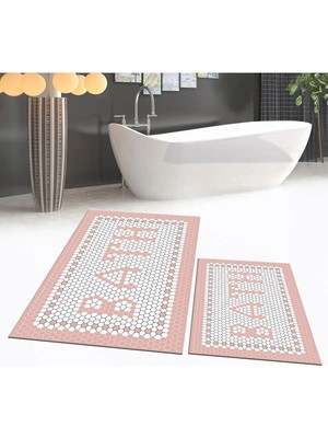 Mikasso Dijital Baskılı Kaymaz Taban Yıkanabilir Ikili Banyo Paspas Klozet Takımı, V-Klozet-07-Pembe, Polyes