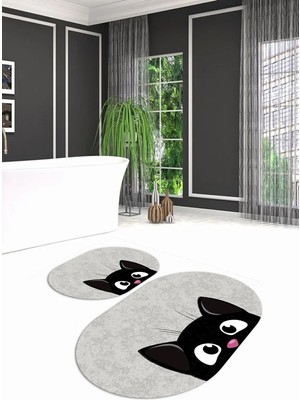 Mikasso Dijital Kaymaz Yıkanabilir Kedi Desen Oval Banyo Takımı Klozet Takımı, N-O-Klozet-40-Gri, Polyester