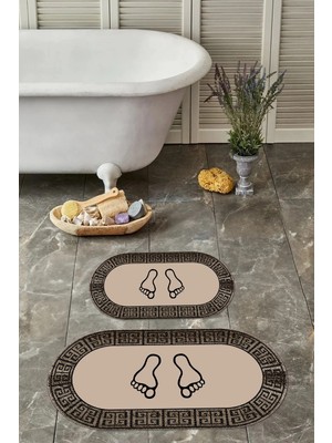 Mikasso Dijital Yıkanabilir Çerçeveli Ayak Baskılı Oval Banyo Paspası Klozet Takımı Polyester Kahverengi