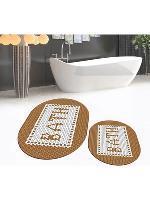 Mikasso Dijital Baskılı Kaymaz Taban Yıkanabilir Oval Ikili Banyo Paspas Klozet Takımı, V-O-Klozet-07-Kahve,