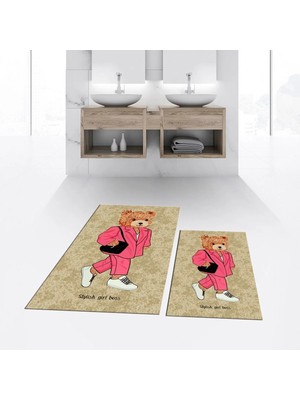 Mikasso Dijital Baskılı Kaymaz Taban Yıkanabilir Ikili Banyo Paspas Klozet Takımı, V-Klozet-34-Kahve, Polyes