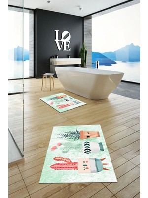 Mikasso Baskılı Yıkanabilir Kaymaz Renkli Kaktüs Desenli Ikili Banyo Halısı Klozet Takımı Polyester Yeşil