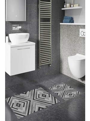 Mikasso Dijital Baskılı Kaymaz Taban Yıkanabilir Banyo Paspası 2'li Klozet Takımı Halısı Polyester Gri