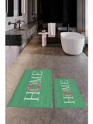 Mikasso Baskılı Yıkanabilir Kaymaz Çiçekli Home Yazılı Ikili Banyo Halısı Paspas Klozet Takımı Polyester Yeş