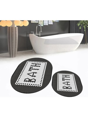 Mikasso Dijital Baskılı Kaymaz Taban Yıkanabilir Oval Ikili Banyo Paspas Klozet Takımı, V-O-Klozet-07-Siyah,