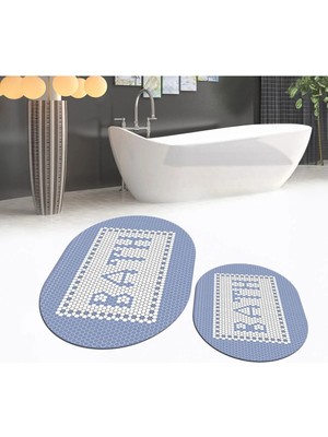 Mikasso Dijital Baskılı Kaymaz Taban Yıkanabilir Oval Ikili Banyo Paspas Klozet Takımı, V-O-Klozet-07-Mavi,
