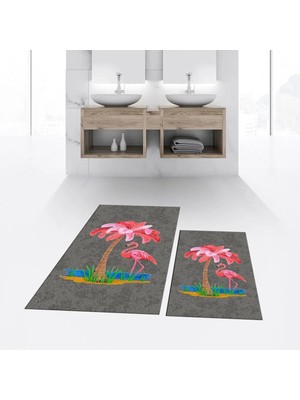 Mikasso Dijital Baskılı Kaymaz Taban Yıkanabilir Ikili Banyo Paspas Klozet Takımı, V-Klozet-30-Gri, Polyeste