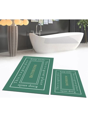 Mikasso Dijital Baskılı Kaymaz Taban Yıkanabilir Ikili Banyo Paspas Klozet Takımı, V-Klozet-05-Yeşil, Polyes