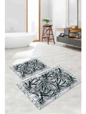Mikasso Dijital Baskılı Yıkanabilir Kaymaz Taban Yaprak Motifli Banyo Paspası Klozet Takımı Polyester Yeşil