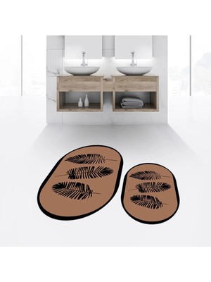 Mikasso Dijital Baskılı Kaymaz Taban Yıkanabilir Oval Ikili Banyo Paspas Klozet Takımı, V-O-Klozet-26-Kahve,